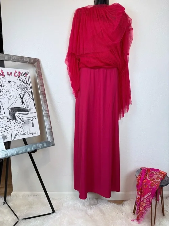 NWT ML Monique Lhuillier Tiered Tulle Maxi Dress Cherry Pink Size 8 - Picture 7 of 14